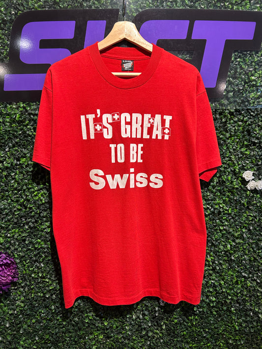 90s It’s Great To Be Swiss T-Shirt. Size L/XL
