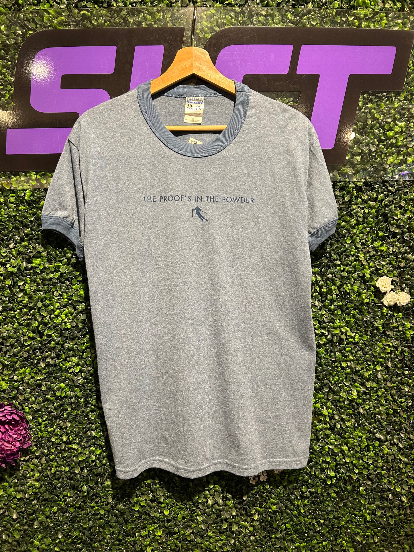 Vintage Proof’s In The Powder Skiing Ringer T-Shirt. Size Medium
